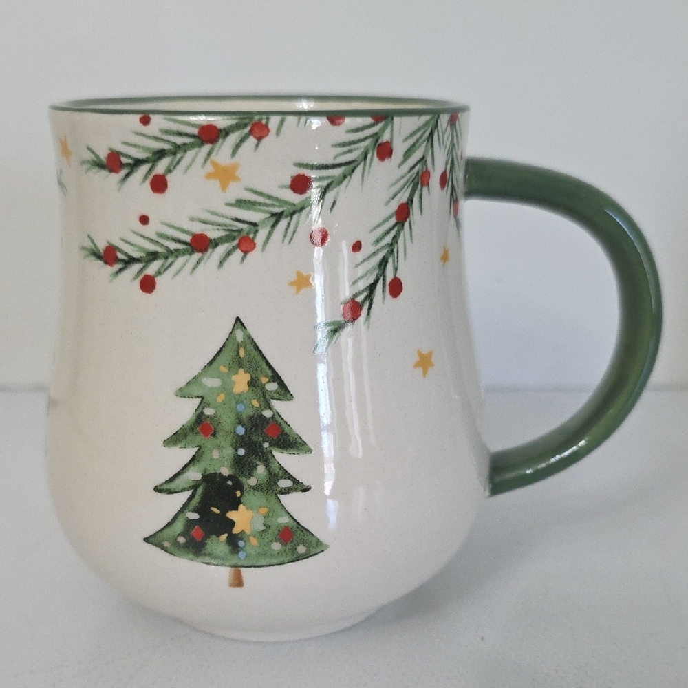 Festive Christmas Tree Ceramic Mug - Green Handle
